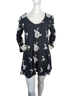 Free People Black Embroidered Cotton Boho Festival Mini Swing Dress Fits XS/S